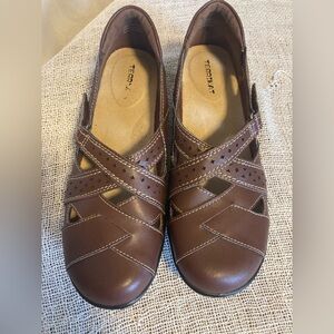 Terrikat Womens 8.5 Brown Coffee Leather Loafer Slip On Shoes With Velcro Strap